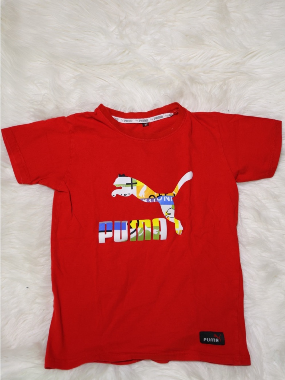Puma Kids Red Short Sleeve Logo Tee with Multi-Color Graphic